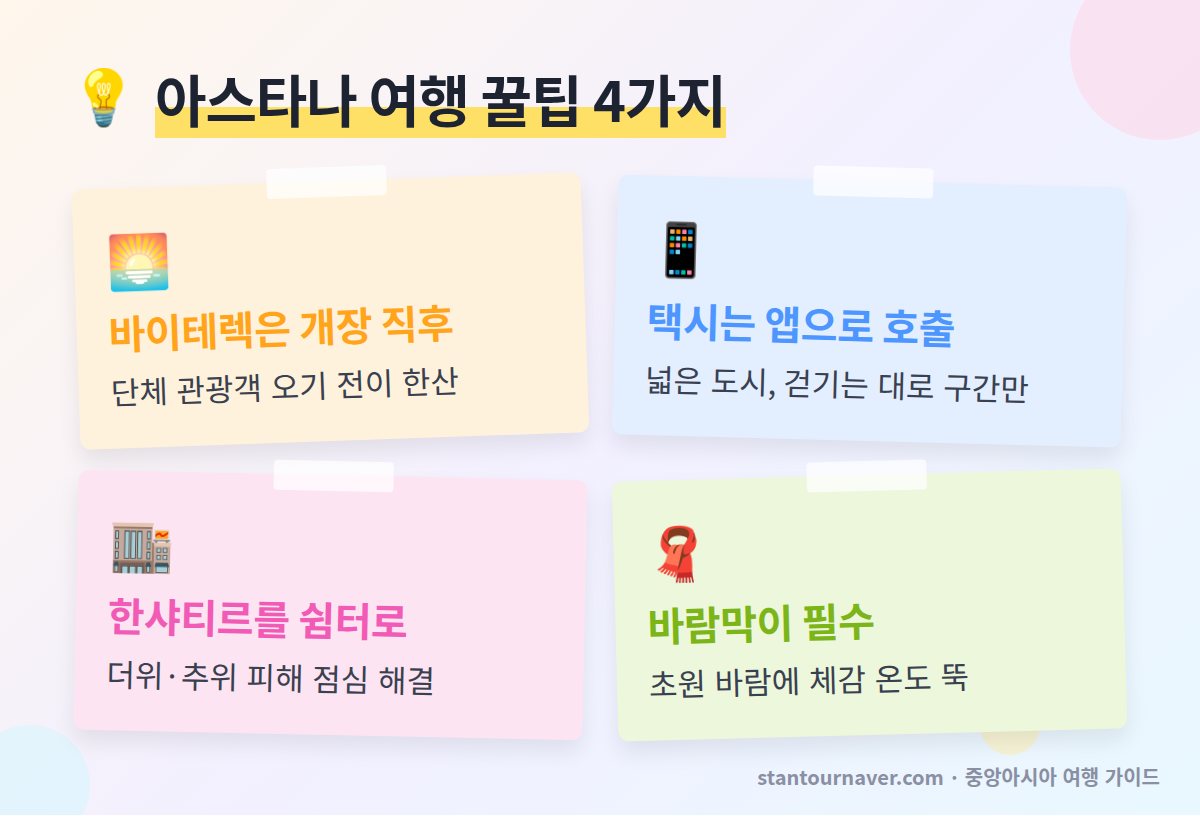 아스타나 여행 꿀팁 - 바이테렉 개장 직후 방문 택시 앱 이용 한샤티르 실내 휴식 겨울 방풍 옷차림