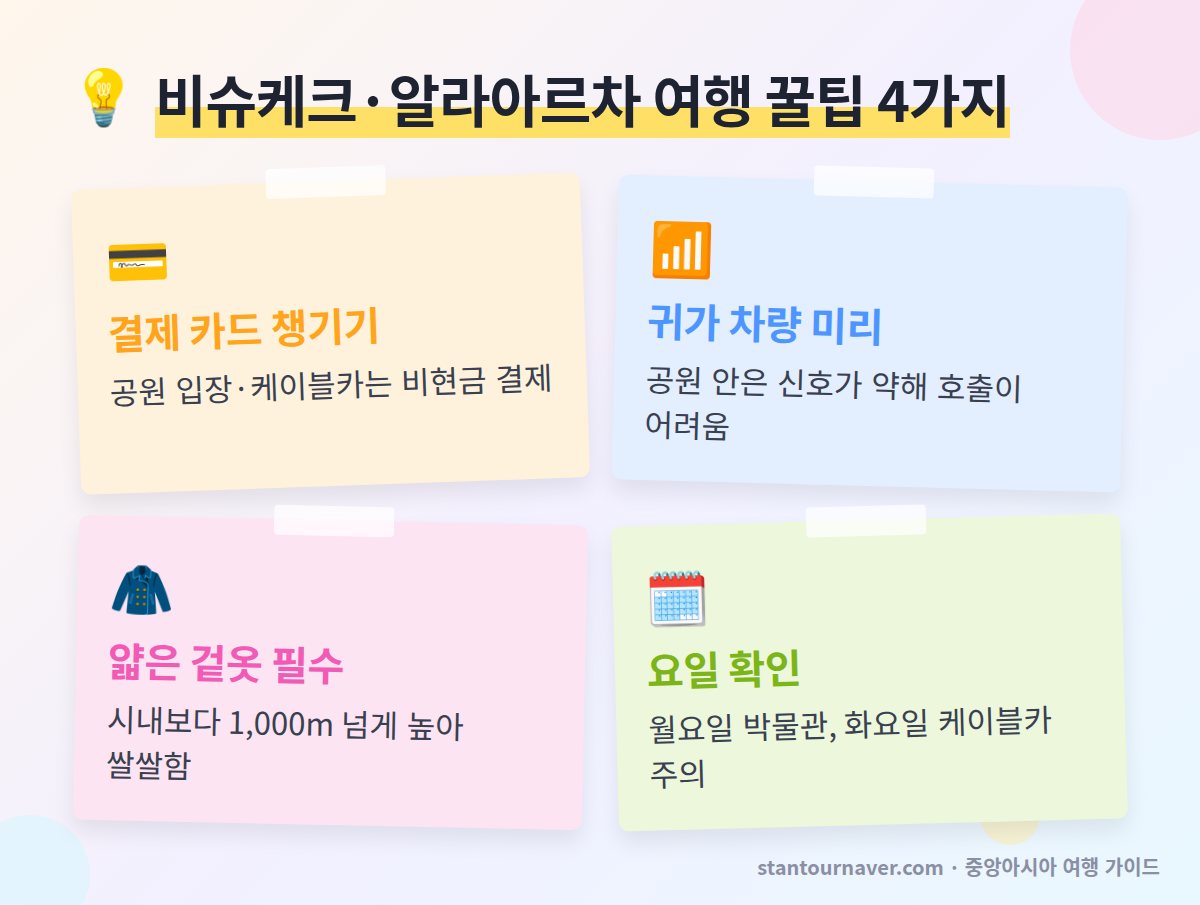 비슈케크 알라아르차 여행 꿀팁 - 결제 카드 귀가 택시 겉옷 요일 확인