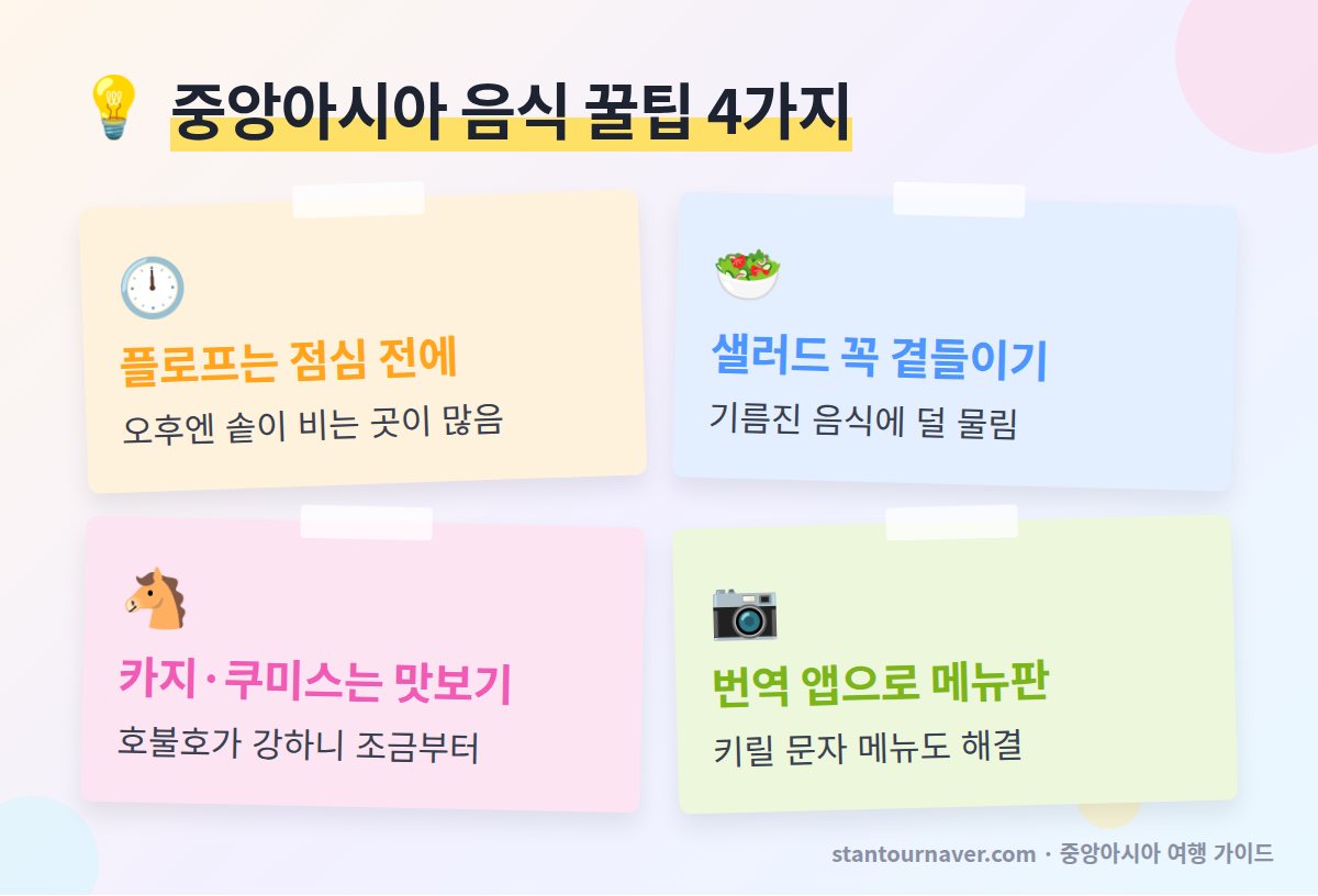 중앙아시아 음식 꿀팁 - 플로프 점심 전 방문 샐러드 함께 주문 카지 쿠미스 맛보기 번역 앱 메뉴판