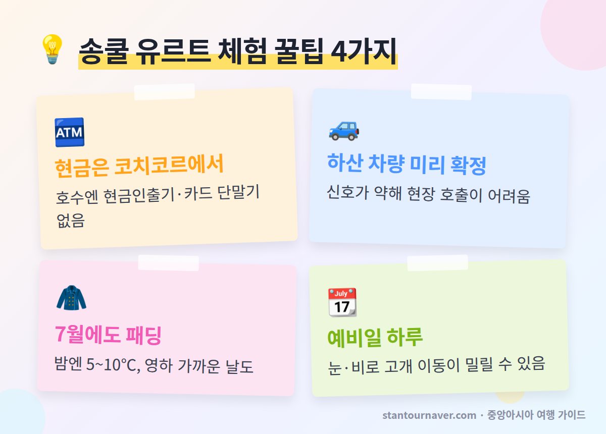 송쿨 호수 유르트 체험 꿀팁 - 코치코르 현금 인출 왕복 차량 확정 방한복 예비일